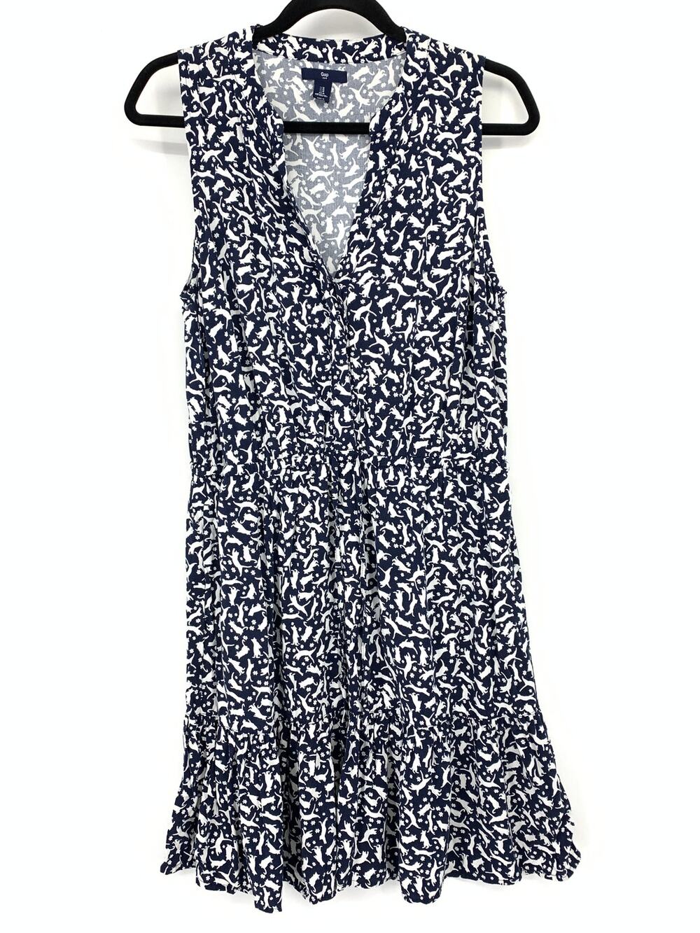 Gap Factory A-Line Dress Womens Size Medium Sleeveless Cat Print Navy White